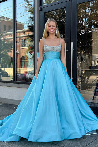 Charming Ball Gown Square Neck Blue Satin Long Prom Dresses with Beading AB102903