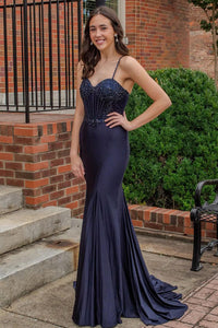 Charming Mermaid Sweetheart Navy Blue Satin Long Prom Dresses with Beading AB24112112