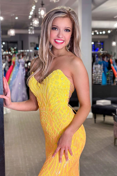 Mermaid Strapless Yellow Sequins Mermaid Long Prom Dress AB4040301