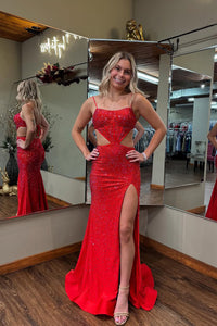 Charming Mermaid Straps Red Satin Long Prom Dresses with Hot Stone Beading AB24120613