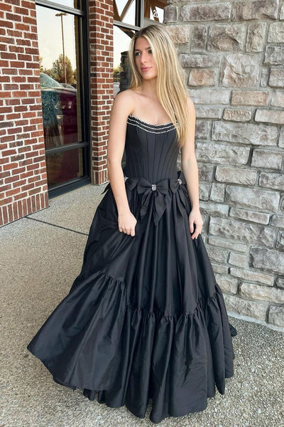 Ball Gown Scoop Neck Black Satin Long Prom Dresses with Beading AB24101407