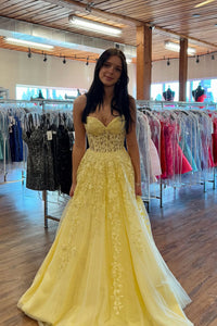 Cute A Line Sweetheart Daffodial Yellow Tulle Long Prom Dress with Appliques AB25013102