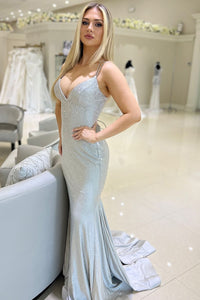 Charming Mermaid V Neck Silver Satin Prom Dresses with Beading AB24102510