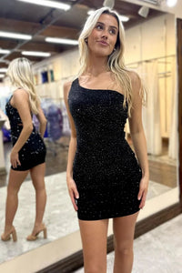 Cute Bodycon One Shoulder Black Beaded Homecoming Dresses AB24072203