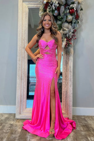 Cute Mermaid Sweetheart Pink Satin Long Slit Prom Dress with Beading AB24123002