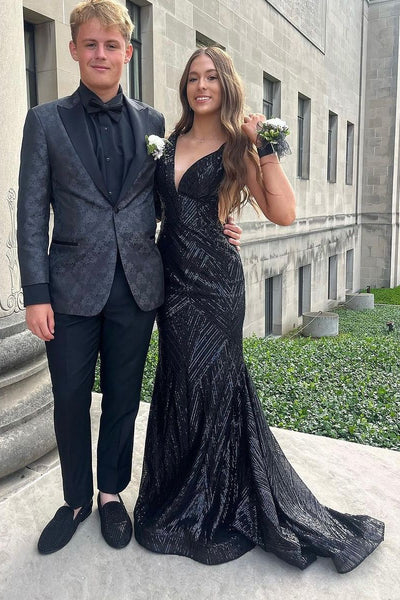 Charming Mermaid V Neck Black Sequins Long Prom Dresses AB24063006