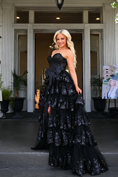 Cute A Line Sweetheart Black Sequins Tiered Prom Dress with Bow AB24123004