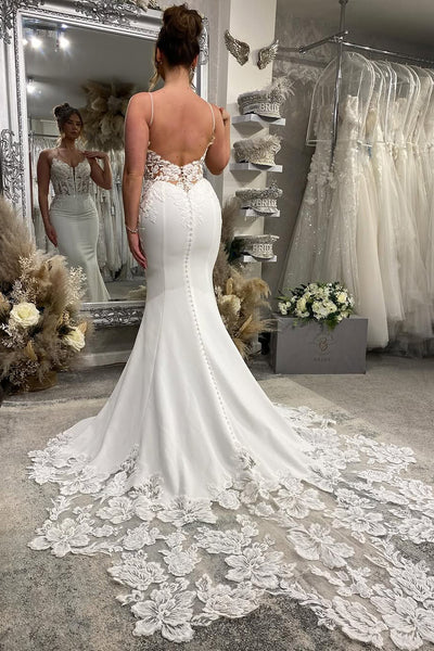 Elegant Mermaid V Neck Satin Wedding dress with Appliques Flower lace AB25021205