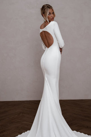 Elegant Mermaid Boat Neck Open Back Long Wedding Dresses with Beading AB24101004