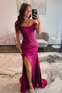 Charming Mermaid Off the Shoulder Fuchsia Satin Long Prom Dresses with Slit AB24120905