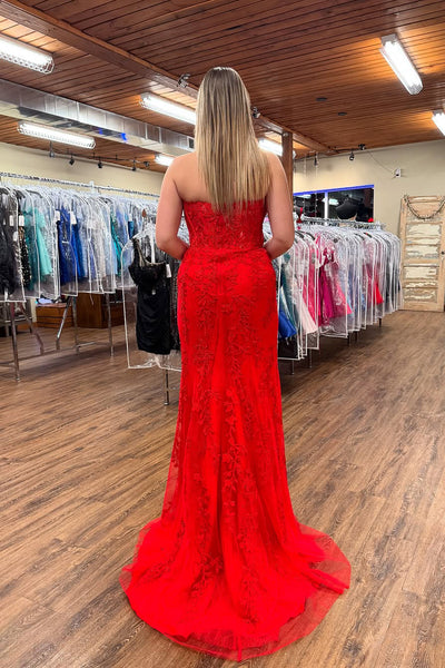 Cute Mermaid Strapless Red Lace Prom Dress with Appliques AB24122503