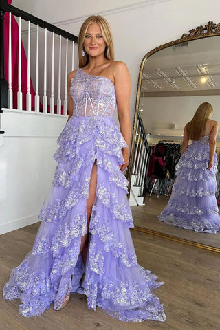 Mermaid One Shoulder Lavender Tulle Tiered Prom Dress with Sequins Appliques AB24122620