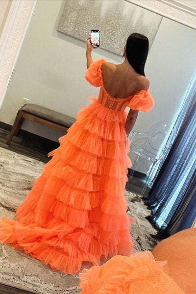 Ball Gown Strapless Orange Tulle Tiered Prom Dresses with Slit AB24122621