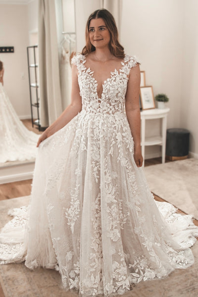 Elegant A Line V Neck Lace Bridal Dresses with Appliques