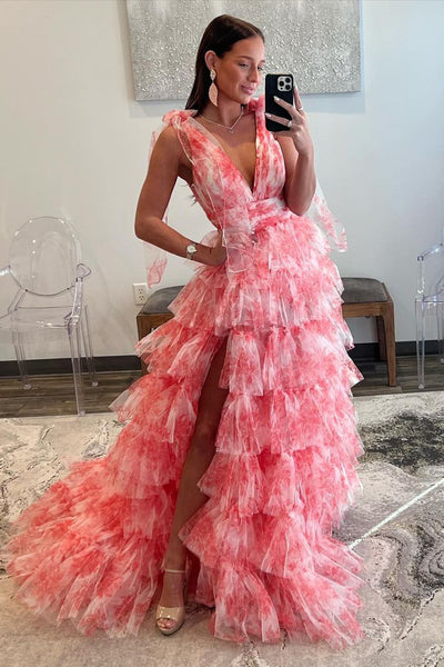 Cute Ball Gown Tiered V Neck Floral Print Tulle Prom Dress AB112504