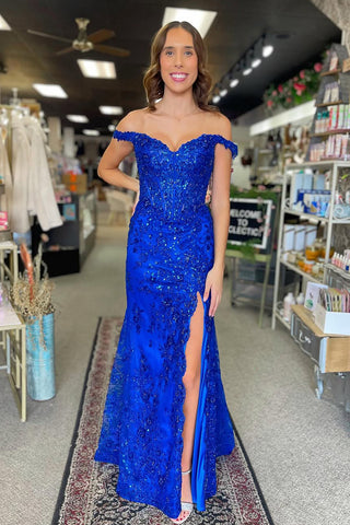 Charming Mermaid Off the Shoulder Royal Blue Sequins Lace Prom Dress AB24121707