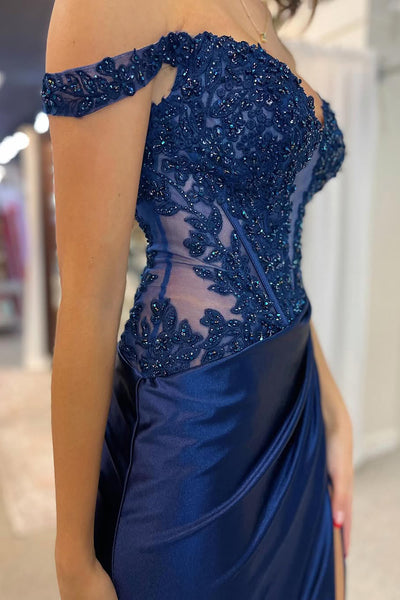 Cute Mermaid Off the Shoulder Navy Satin Prom Dress with Appliques AB24123009