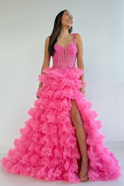 Cute A Line Sweetheart Pink Tiered Tulle Prom Dresses AB24112614