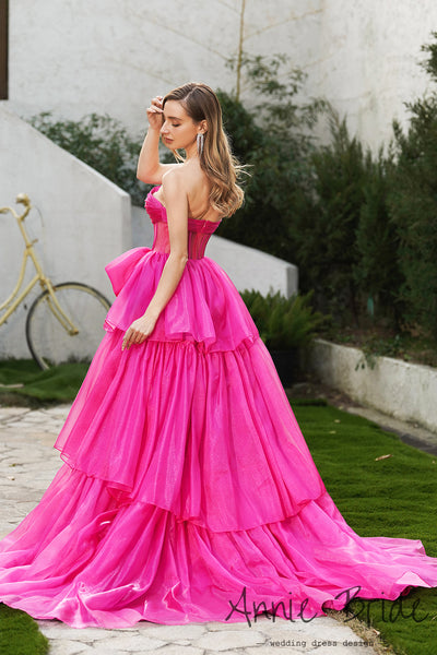 Gorgeous Ball Gown Strapless Fuchsia Organza Tiered Prom Dress with Bow AB24121208