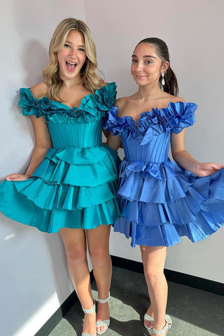 Cute A Line Off the Shoulder Green Satin Tiered Short Homecoming Dresses AB24081804