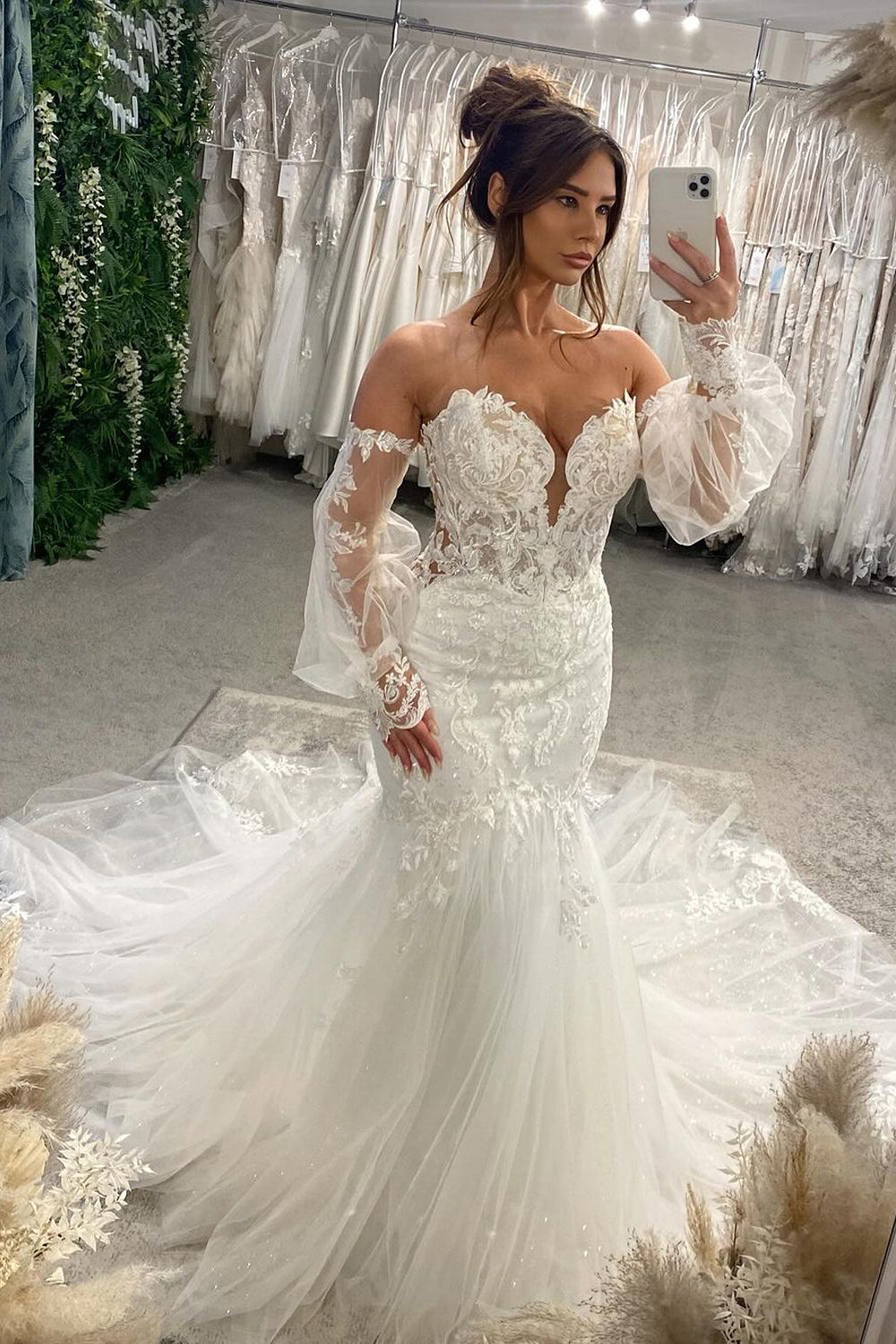 Elegant Mermaid Sweetheart Lace Long Bridal Dresses with Appliques AB24110217