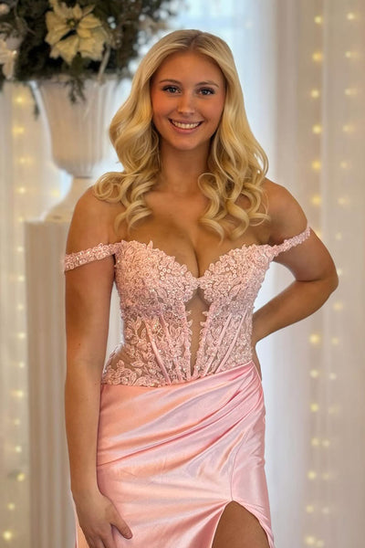 Elegant Mermaid Off the Shoulder Blush Pink Stretch Satin Prom Dress with Appliques AB25010306