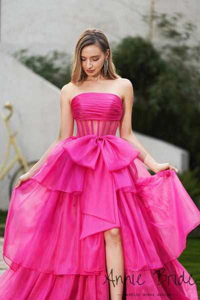 Gorgeous Ball Gown Strapless Fuchsia Organza Tiered Prom Dress with Bow AB24121208