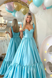 A-Line Sweetheart Light Blue Satin Ruffle Long Prom Dress AB4020803