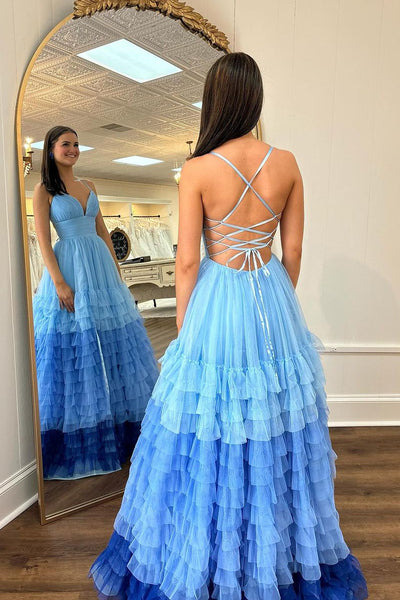 A-Line V Neck Ruffle Tulle Long Prom Dress with Slit AB4030903