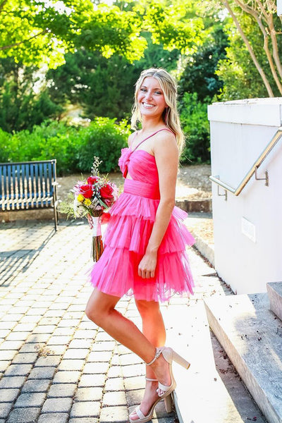 Cute A Line Straps Pink Tulle Short Homecoming Dresses AB24092305