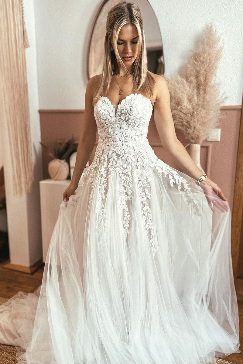 Elegant A Line Sweetheart Tulle Wedding Dresses with Appliques AB072507