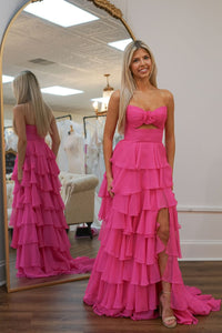 Cute A Line Sweetheart Pink Chiffon Tiered Long Prom Dresses with Slit AB24112110