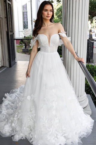 Charming A Line V Neck Tulle Long Wedding Dresses with Appliques ABWD061817