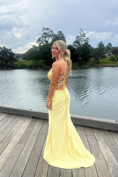 Cute Mermaid Sweetheart Yellow Long Prom Dresses with Cross Back AB24120903