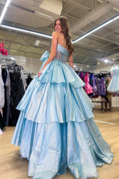 Gorgeous Ball Gown Strapless Light Blue Organza Satin Prom Dress with Bow AB24122504