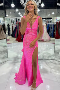 Charming Mermaid V Neck Pink Sequins Slit Long Prom Dress AB24112116