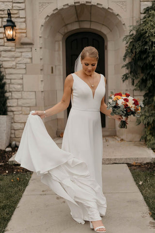 Simple Sheath V Neck Elastic Satin Long Wedding Dresses AB24101405