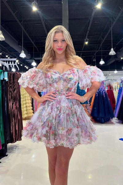 Cute A-Line Sweetheart Floral Print Short Homecoming Dresses DM24081505