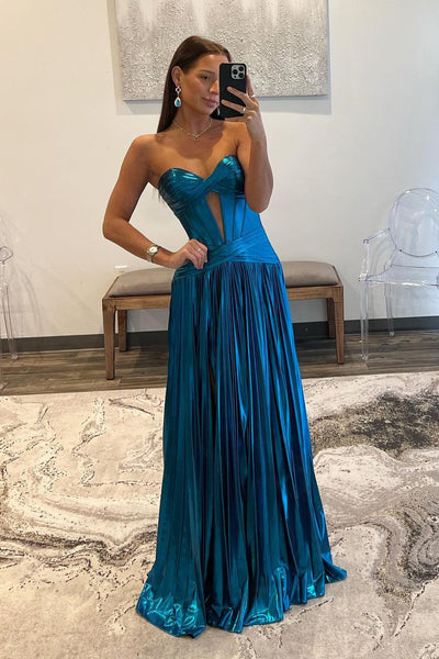 Charming A-Line Strapless Keyhole Bue Pleated Satin Long Prom Dress AB4052603