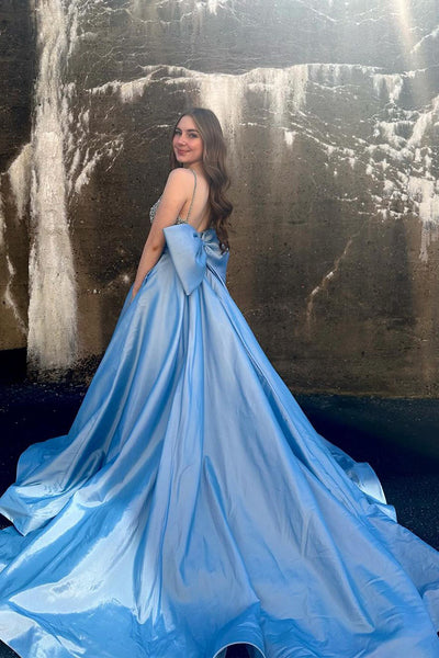 Pretty A Line Beaded Light Blue Satin Prom Dress with Bow AB4050401