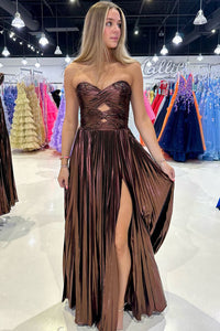 Charming A Line Sweetheart Brown Sparkly Satin Long Prom Dresses with Slit AB24101703