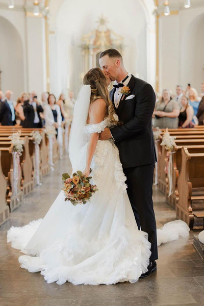 Gorgeous Ball Gown Off the Shoulder Tulle Slit Bridal Dresses with Appliques AB24111415