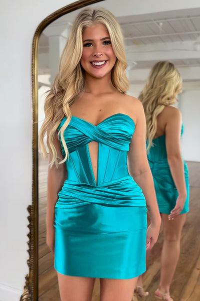 Peacock blue Strapless Bodycon Keyhole Short Homecoming Dresses AB4052904