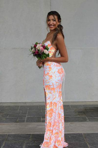 Cute Mermaid V Neck Orange Sequins Prom Dress with Slit AB25020204