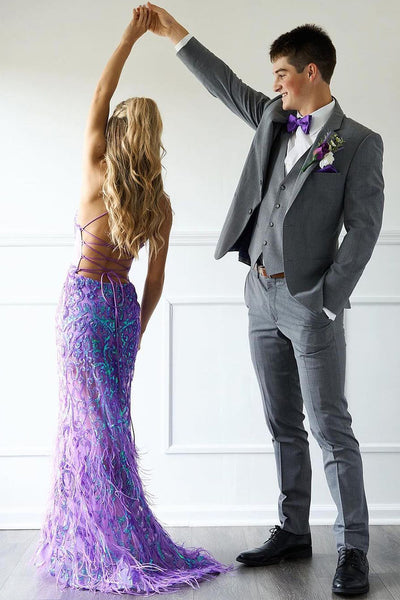 Mermaid V Neck Purple Sequins Long Prom Dress wirh Feather AB4060205