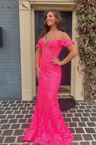 Cute Mermaid Off the Shoulder Pink Lace Prom Dress AB4011502