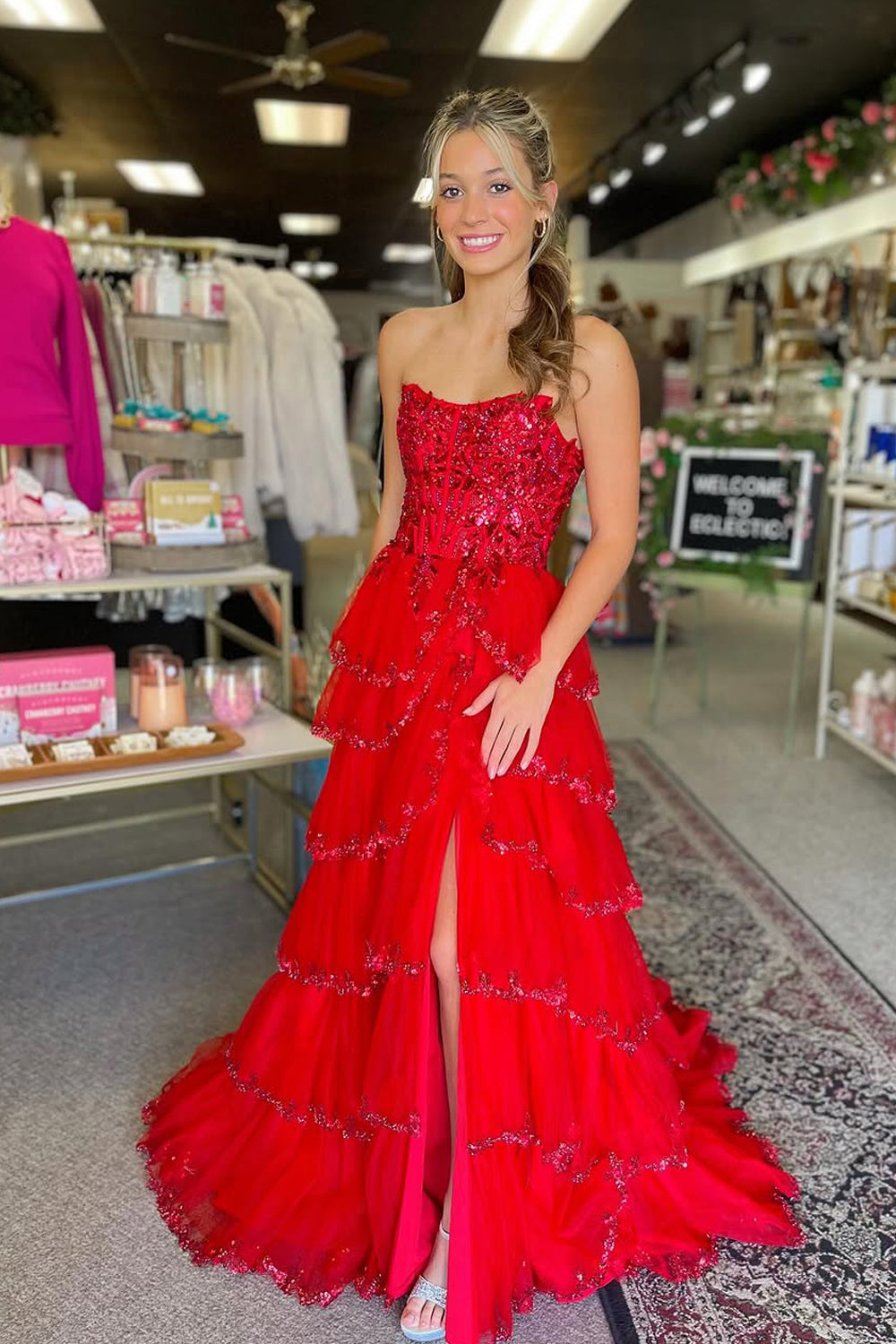 Cute A Line Scoop Neck Red Tulle Tiered Prom Dresses with Beading AB24120308