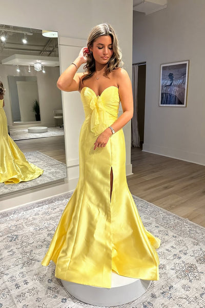 Charming Mermaid Sweetheart Yellow Satin Slit Prom Dress with Bow AB24121803