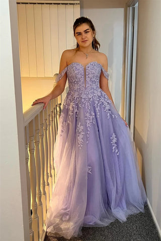 A Line Sweetheart Lavender Tulle Prom Dresses with Appliques AB24122615