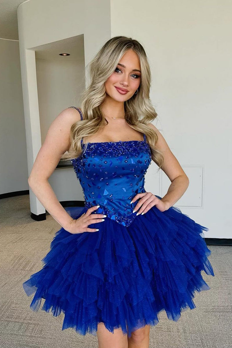 Cute A Line Straps Royal Blue Tulle Short Homecoming Dresses with Beading AB24070902